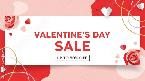 Valentine's day sale banner with red hearts and roses on pink background up to 50 off discount
