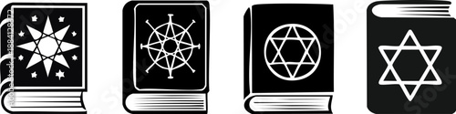 Four books featuring unique symbols on their covers, showcasing mystical and esoteric designs.