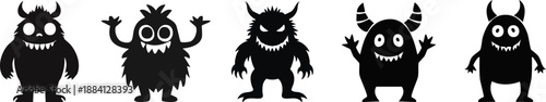 A series of playful, cartoonish monster silhouettes with various features, showcasing a fun and whimsical design style.