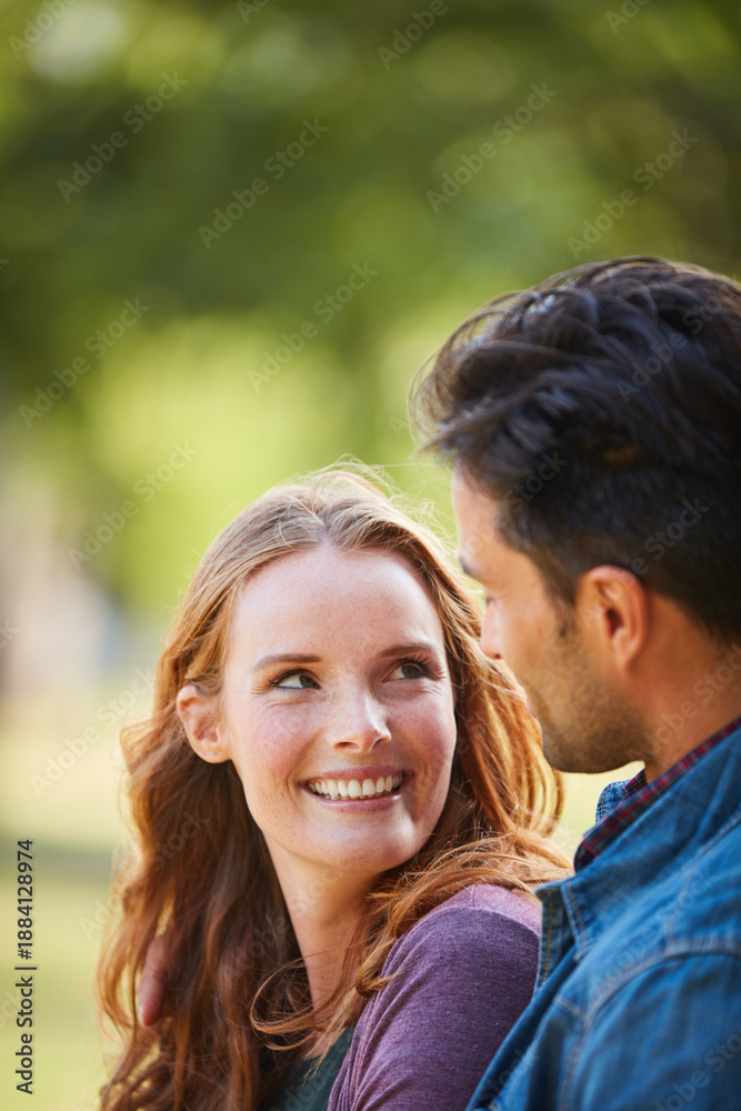 Fototapeta premium Love, hug and date with couple in park for romance, marriage and smile together. Summer, honeymoon and relationship with man and woman bonding in nature for support, connection and happiness