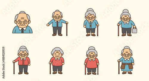 Collection of cartoon illustrations depicting various elderly men and women with walking sticks and glasses, showcasing different senior characters.