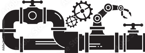 Black industrial pipes gears and robotic arm on white background plumbing cogwheel
