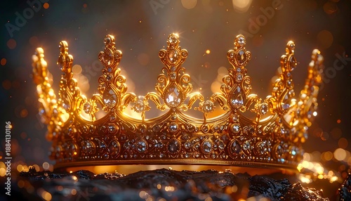 Ornate gold crown, jewels glimmering, rests on textured stone amidst soft, golden bokeh lights, creating a majestic air