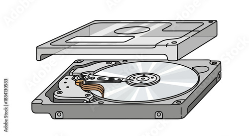 Illustration of an open hard disk drive showing its internal components and mechanical parts