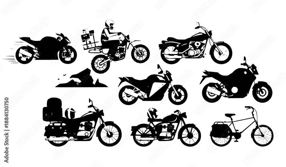 Naklejka premium Urban and sport cartoon motorcycle vector set with colorful bikes, scooters, and delivery vehicles