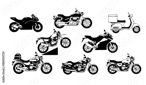 Colorful cartoon motorcycle vector set with urban, sport, delivery, and commuter bikes