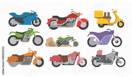 Cartoon motorcycle vector collection featuring sport, urban, delivery, and retro bikes