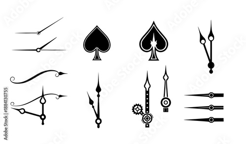 Vector set of black clock hands and time pointers for retro, modern, and steampunk watch designs