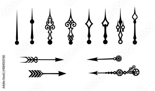Black clock hands vector collection featuring retro, modern, and steampunk time pointers