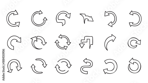 Collection of hand drawn curved and circular arrow symbols in various styles