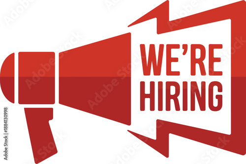 We’re hiring megaphone label, recruitment announcement icon for job openings, career promotion and hiring campaign design, vector illustration