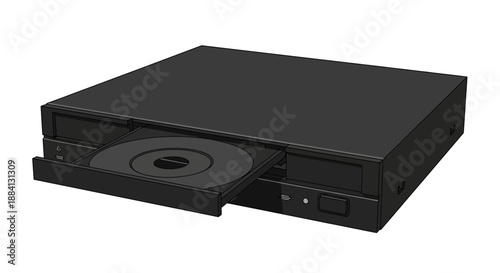 A sleek black DVD player with a partially ejected disc tray on a plain surface viewed from above