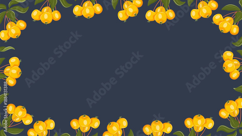 Botanical vector background with crabapple yellow berries and green leaves. Autumn fruit frame on dark for web design, ads, social media, headers and seasonal promotions.
