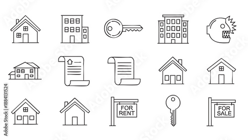 Collection of real estate and property related icons in simple line style