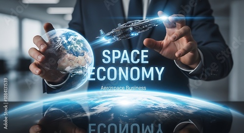 Businessman Interacting with Futuristic Space Economy Hologram.