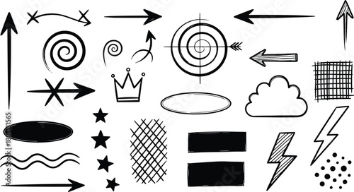 Hand Drawn Black Doodle Elements Vector Set with Arrows Targets Crowns Stars Clouds and Abstract Graphic Symbols