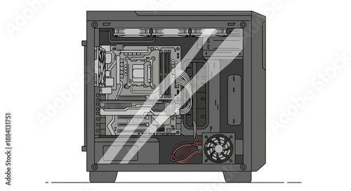 Detailed illustration of computer hardware components inside a desktop case viewed from the side
