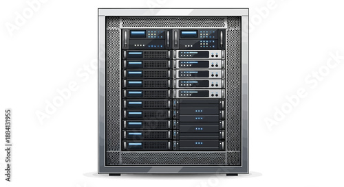 A high-performance server rack with multiple hard drives and a sleek metallic finish viewed from the front in a data center environment