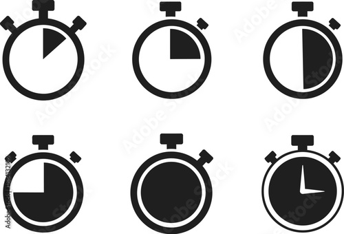 Collection of black and white stopwatch icons illustrating various time intervals and progress. Perfect for digital interfaces, applications, and graphic design projects.
