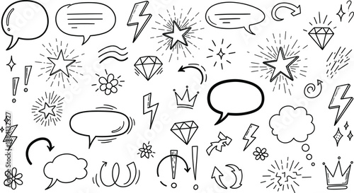 Hand Drawn Comic Doodle Elements Vector Set with Speech Bubbles Stars Lightning Crowns and Decorative Symbols