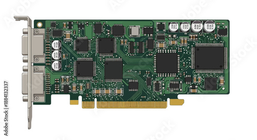 A computer graphics card with various electronic components is displayed on a plain background from a direct top-down viewpoint.