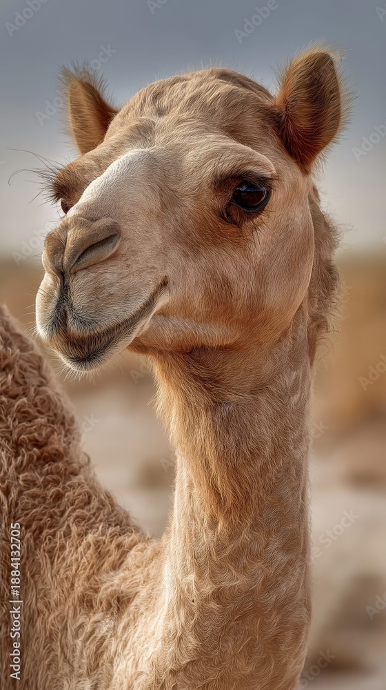 Fototapeta premium A baby camel with a white spot on its nose