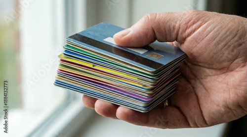 Hand holding stack of colorful credit cards near window, showcasing various designs and colors