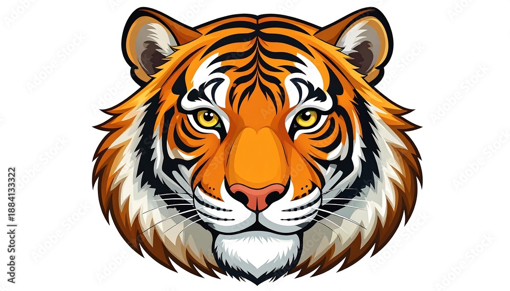 Fototapeta premium Orange tiger's head with black stripes and yellow eyes isolated on white. Fierce gaze and detailed fur texture