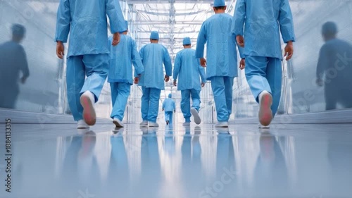 Teamwork in Focus: A determined team of healthcare professionals strides purposefully down a brightly lit corridor, highlighting collaboration and shared commitment to patient care.