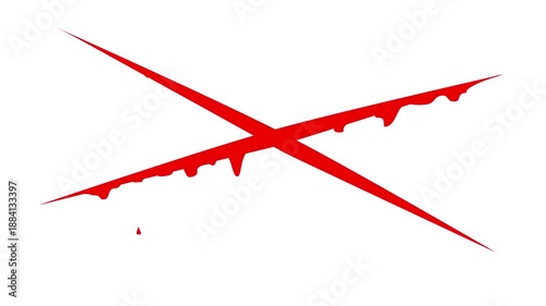 Cross cut wound with blood flowing isolated on white background.  A dramatic red sword cut tears through the surface, blood begins to drip, themes of battle, danger, trauma and intense confrontation.