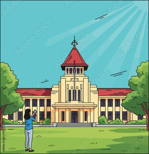 Gedung Sate Bandung Landmark Vector Illustration with Woman Taking Photo of the Historic Government Building and Iconic Satay Ornament in Indonesia