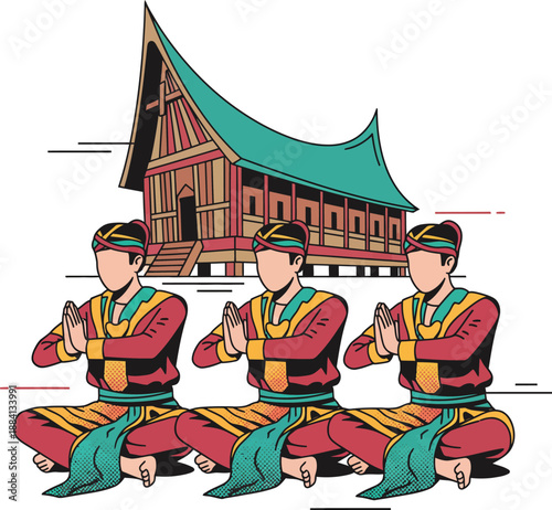 Aceh Cultural Vector Illustration with Saman Dancers in Traditional Red Costume Performing in Front of a Historic Wooden Rumoh Aceh House