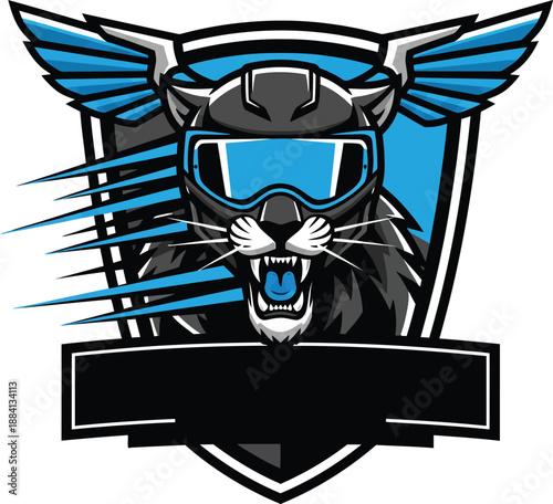 Obraz na plátně Black Panther Biker Mascot Logo Vector with Aviation Helmet and Blue Goggles on