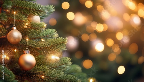 Christmas Tree With Baubles And Blurred Sparkling Lights