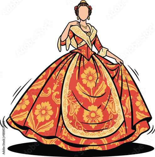 Valencia Traditional Costume Vector Illustration of Woman in Fallera Dress with Intricate Floral Patterns for Las Fallas Festival and Spanish Cultural Heritage Icon
