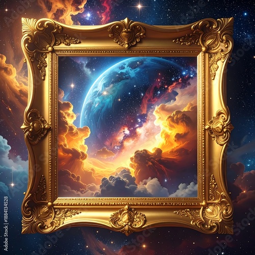 Ornate gold frame displays a vibrant galaxy with a blue planet amid swirling clouds and starry nebulae background