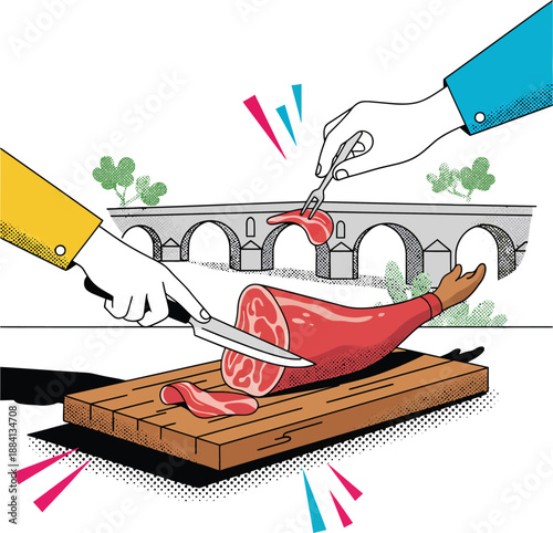 Extremadura Spain Travel Vector Illustration of Hands Carving Traditional Jamon Iberico Cured Ham on Board with Roman Bridge Landmark in Merida Culture and Gastronomy Icon