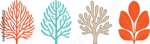 Colorful coral and seaweed vector set with abstract marine plants in modern flat decorative style