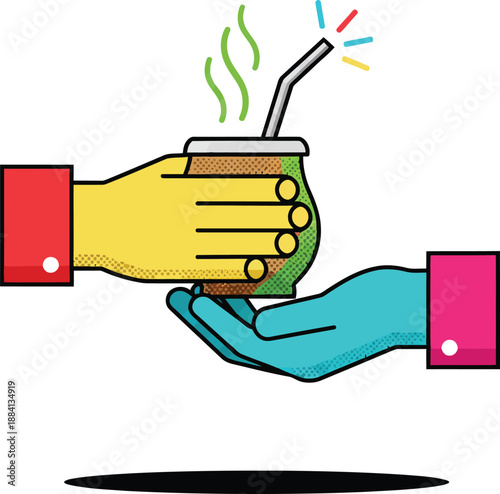 Yerba Mate Drink Vector Illustration of Hands Sharing Traditional South American Herbal Tea Gourd with Bombilla Straw Cultural Social Beverage Icon