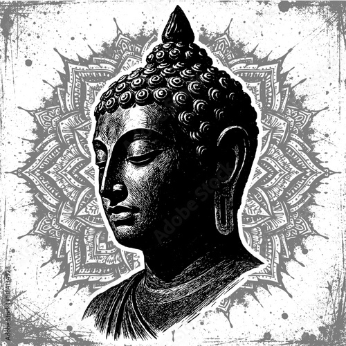 drawing illustration of budha's head sculpture with mandala background (artwork 2)