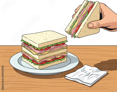 Sandwich de Miga Vector Illustration of Traditional Argentine Triple Crustless Sandwiches with Ham Cheese Lettuce and Tomato on Wooden Cafe Table