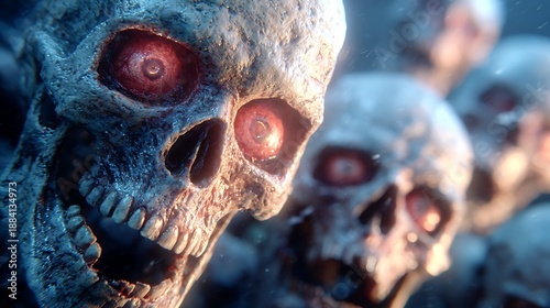 Close-up of Terrifying Skulls with Glowing Red Eyes in Darkness skeleton death Photo