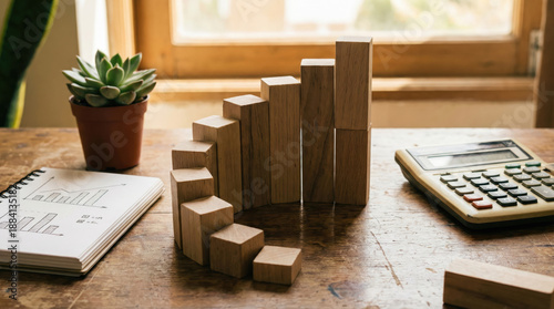 Wooden blocks arranged in growth chart on desk with calculator and notebook