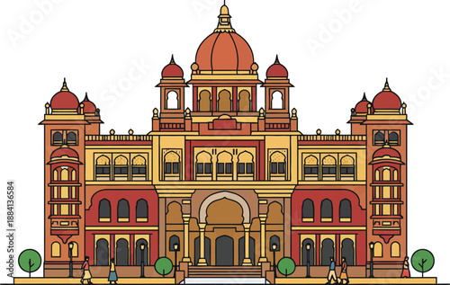 Mysore Palace Vector Illustration with Indo-Saracenic Architecture, Amba Vilas Palace Landmarks and Heritage Monuments of Mysore Karnataka India Cityscape
