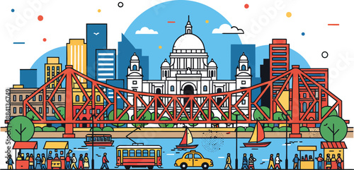 Kolkata City Skyline Vector Illustration with Howrah Bridge, Victoria Memorial, Iconic Yellow Taxi and Tram, West Bengal India Urban Heritage Architecture