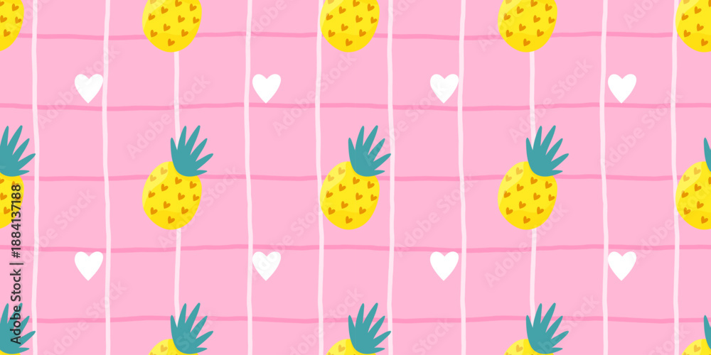 Fototapeta premium Seamless cute pineapple pattern with bright yellow fruit and soft gingham texture. Designed for nursery fabrics, kids wallpaper, and cheerful summer packaging