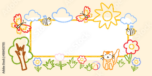 Cute crayon square frame of flower, cat, tree, cloud, sun illustrarion. Designed for kindergarten templates, kids birthday banners, and cheerful preschool graphics