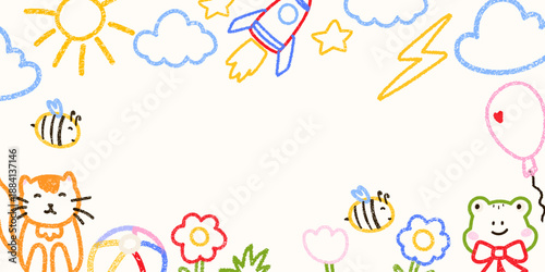 Cute crayon square frame of flower, cat, tree, cloud, sun illustrarion. Designed for kindergarten templates, kids birthday banners, and cheerful preschool graphics