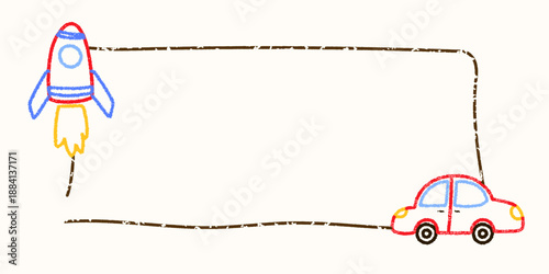 Crayon space frame with kawaii rocket and car illustration. Designed for kindergarten templates, kids birthday banners, and preschool graphics