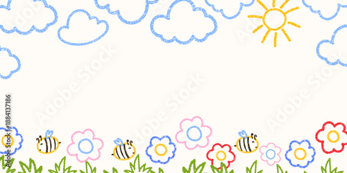 Cute crayon square frame of flower, cloud, sun illustrarion. Designed for kindergarten templates, kids birthday banners, and cheerful preschool graphics